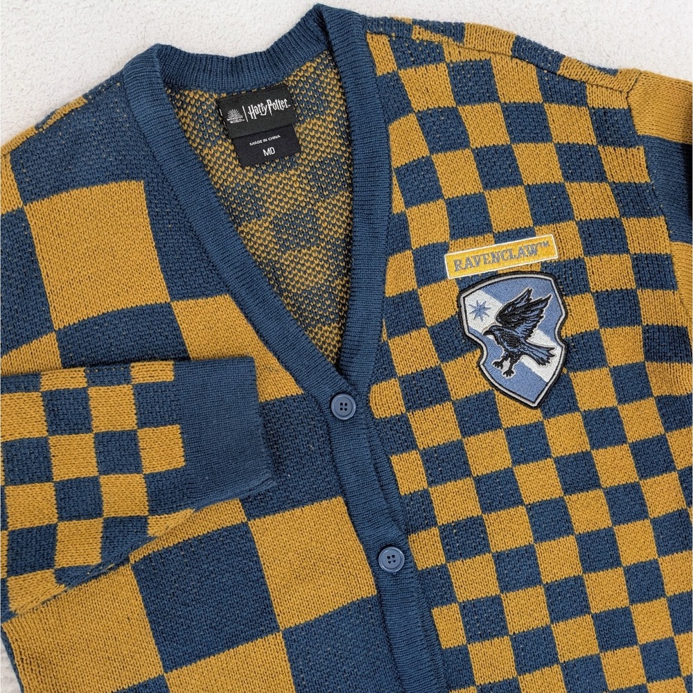 Wizarding World Harry Potter Ravenclaw Embroidered Cardigan Women Med Blue Check
